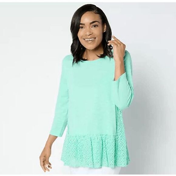 LOGO by Lori Goldstein Tops - LOGO by Lori Goldstein Mint Green Lace Hem Blouse